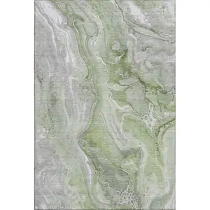 Photo of Artichoke Green Gray And Silver Abstract Washable Area Rug With UV Protection