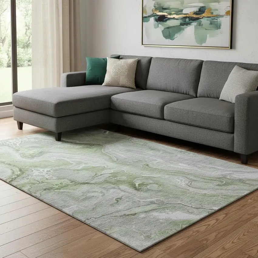Artichoke Green Gray And Silver Abstract Washable Area Rug With UV Protection Photo 2