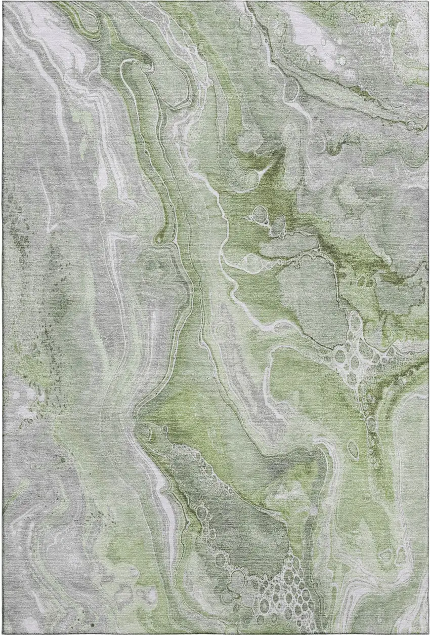 Artichoke Green Gray And Silver Abstract Washable Area Rug With UV Protection Photo 1