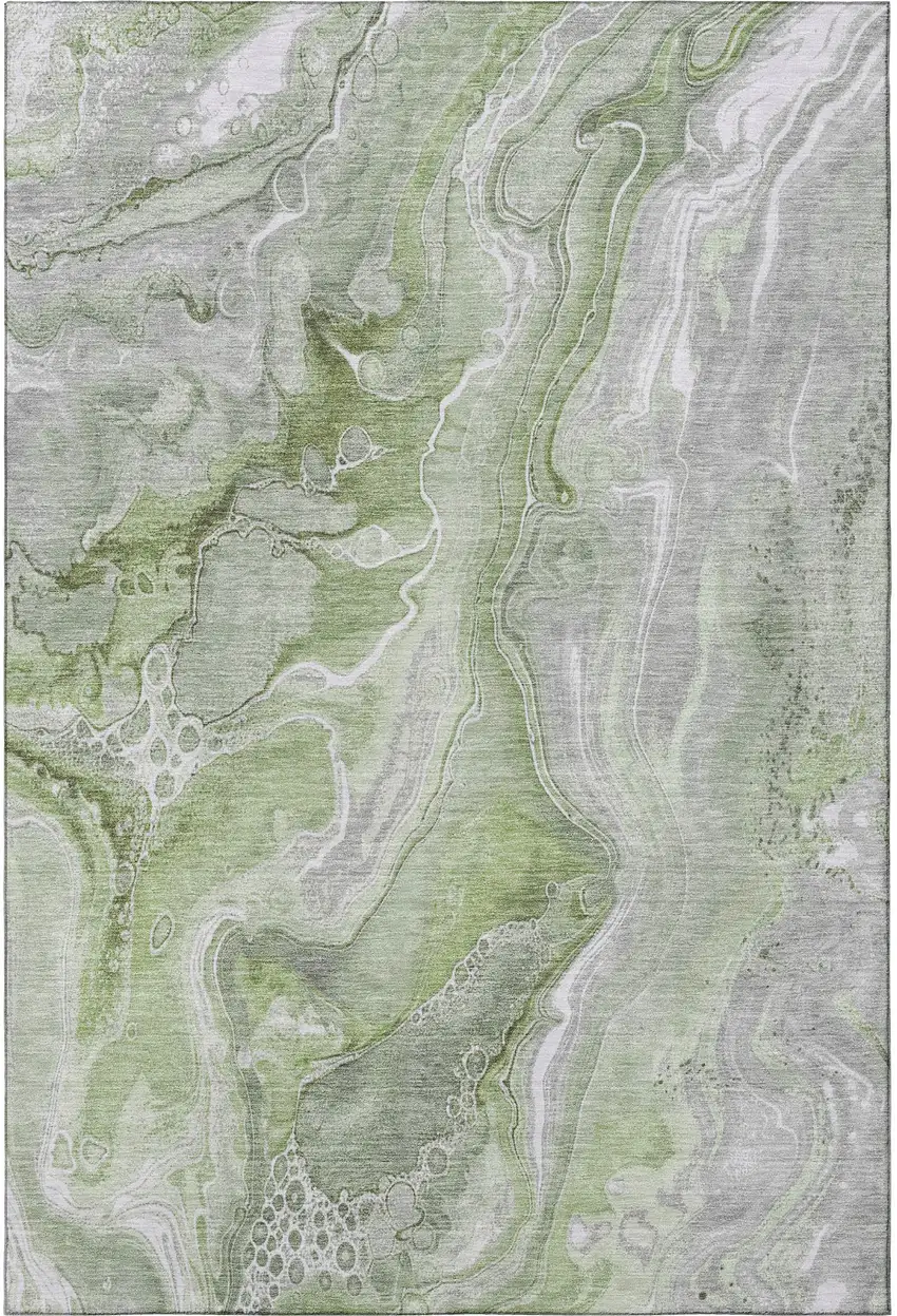 Artichoke Green Gray And Silver Abstract Washable Area Rug With UV Protection Photo 3