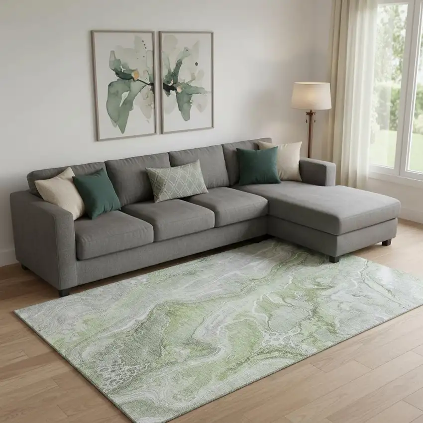 Artichoke Green Gray And Silver Abstract Washable Area Rug With UV Protection Photo 2