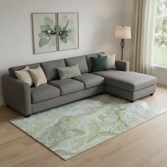 Artichoke Green Gray And Silver Abstract Washable Area Rug With UV Protection Photo 2