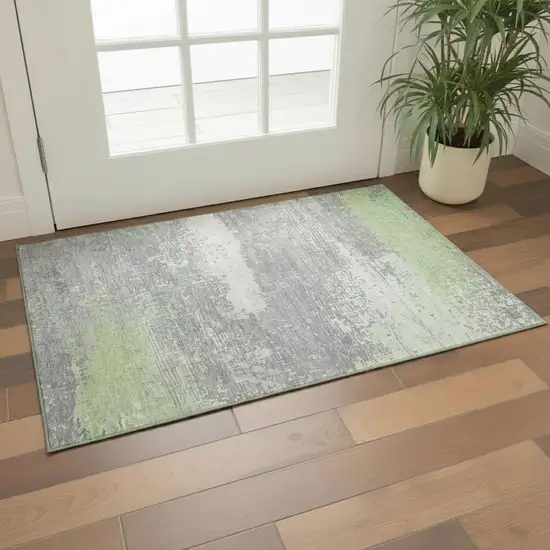 Artichoke Green Gray And Silver Abstract Washable Area Rug With UV Protection Photo 2