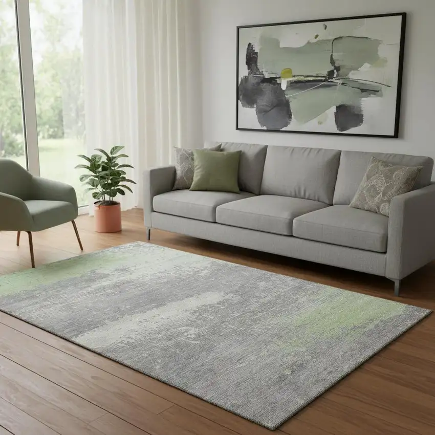 Artichoke Green Gray And Silver Abstract Washable Area Rug With UV Protection Photo 2