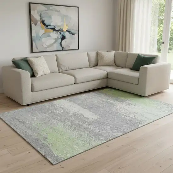 Artichoke Green Gray And Silver Abstract Washable Area Rug With UV Protection Photo 2