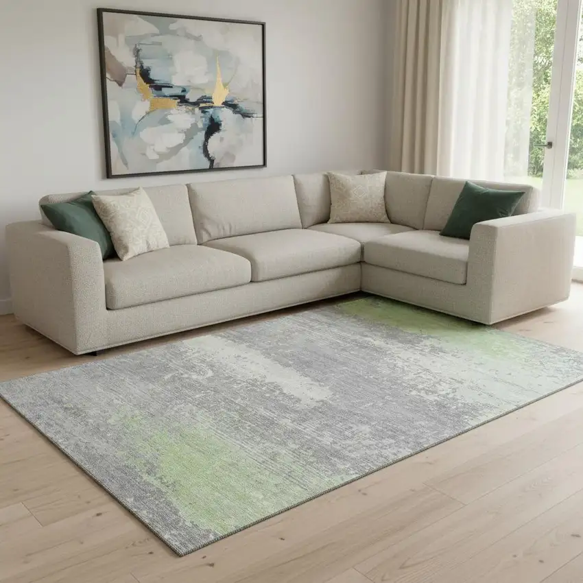 Artichoke Green Gray And Silver Abstract Washable Area Rug With UV Protection Photo 2