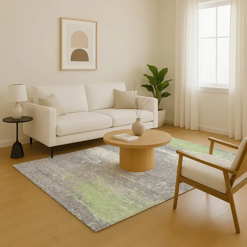 Artichoke Green Gray And Silver Abstract Washable Area Rug With UV Protection Photo 5