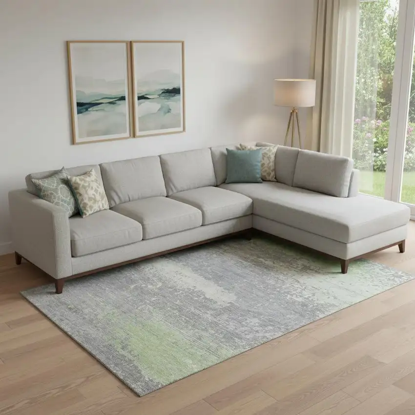 Artichoke Green Gray And Silver Abstract Washable Area Rug With UV Protection Photo 2