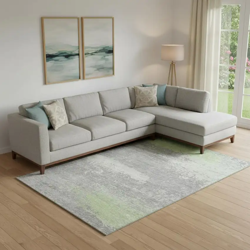 Artichoke Green Gray And Silver Abstract Washable Area Rug With UV Protection Photo 2