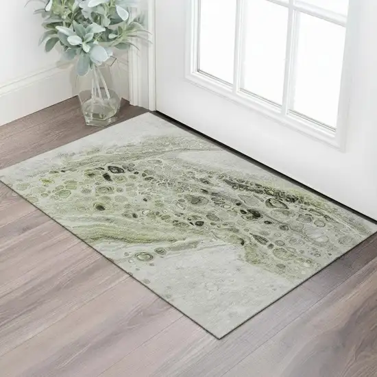 Artichoke Green Gray And Silver Abstract Washable Area Rug With UV Protection Photo 2