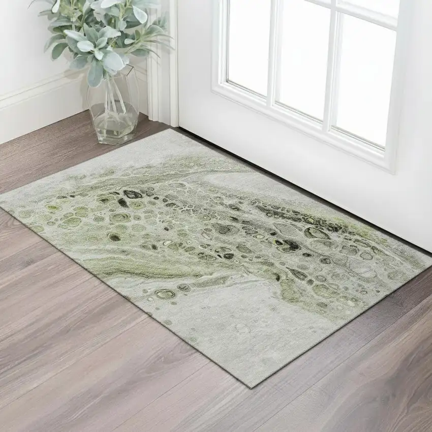 Artichoke Green Gray And Silver Abstract Washable Area Rug With UV Protection Photo 2