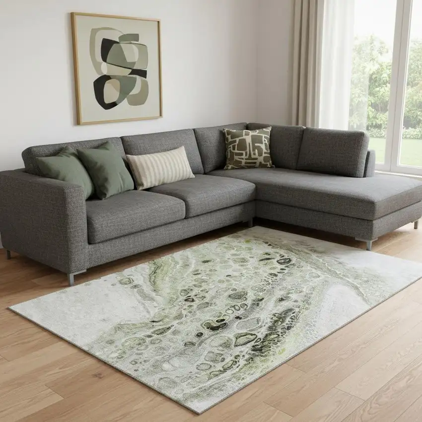 Artichoke Green Gray And Silver Abstract Washable Area Rug With UV Protection Photo 2