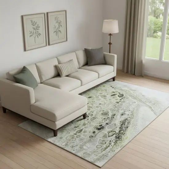 Artichoke Green Gray And Silver Abstract Washable Area Rug With UV Protection Photo 2