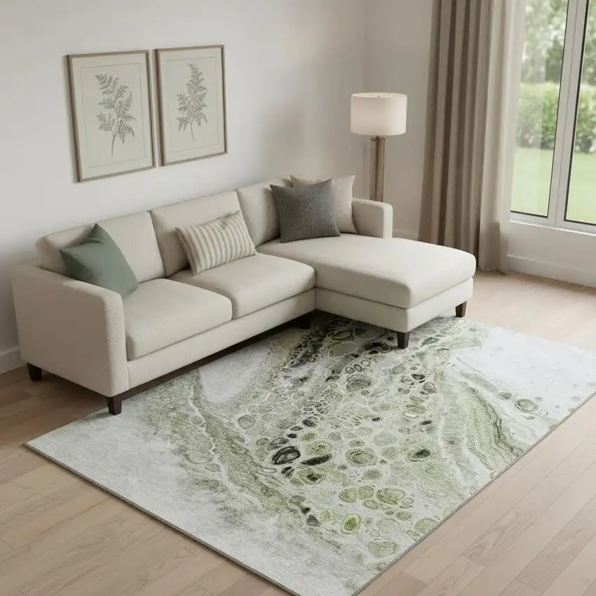 Artichoke Green Gray And Silver Abstract Washable Area Rug With UV Protection Photo 2