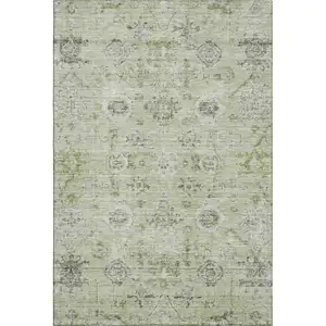 Photo of Artichoke Green Gray And Silver Damask Washable Area Rug With UV Protection