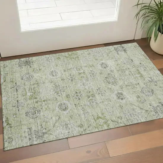 Artichoke Green Gray And Silver Damask Washable Area Rug With UV Protection Photo 1