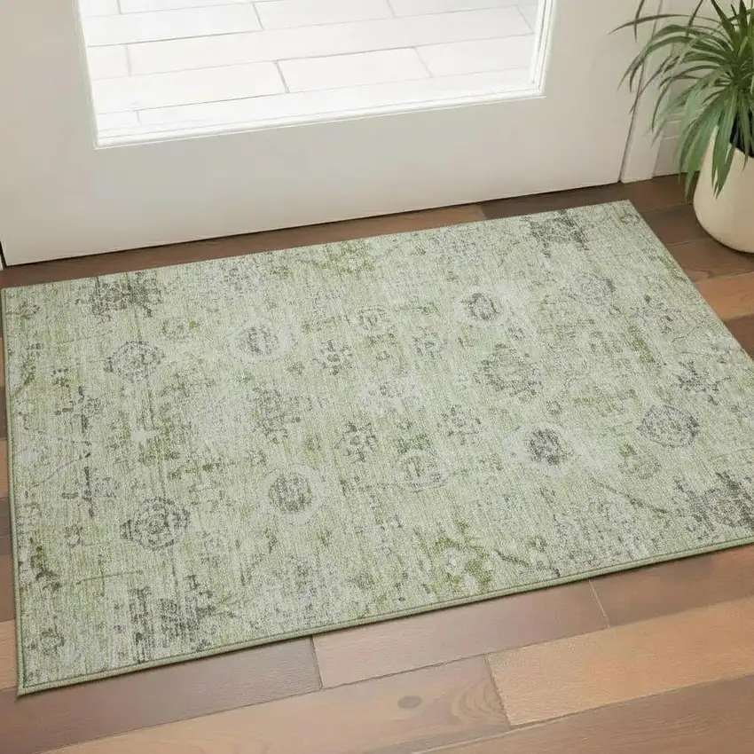 Artichoke Green Gray And Silver Damask Washable Area Rug With UV Protection Photo 2
