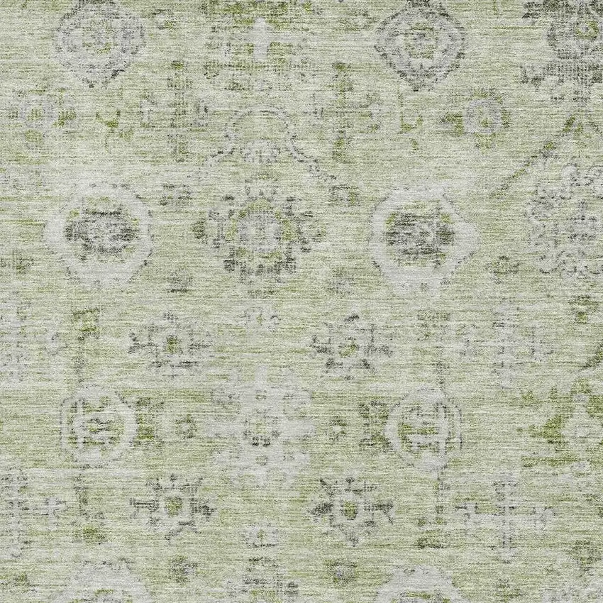 Artichoke Green Gray And Silver Damask Washable Area Rug With UV Protection Photo 2