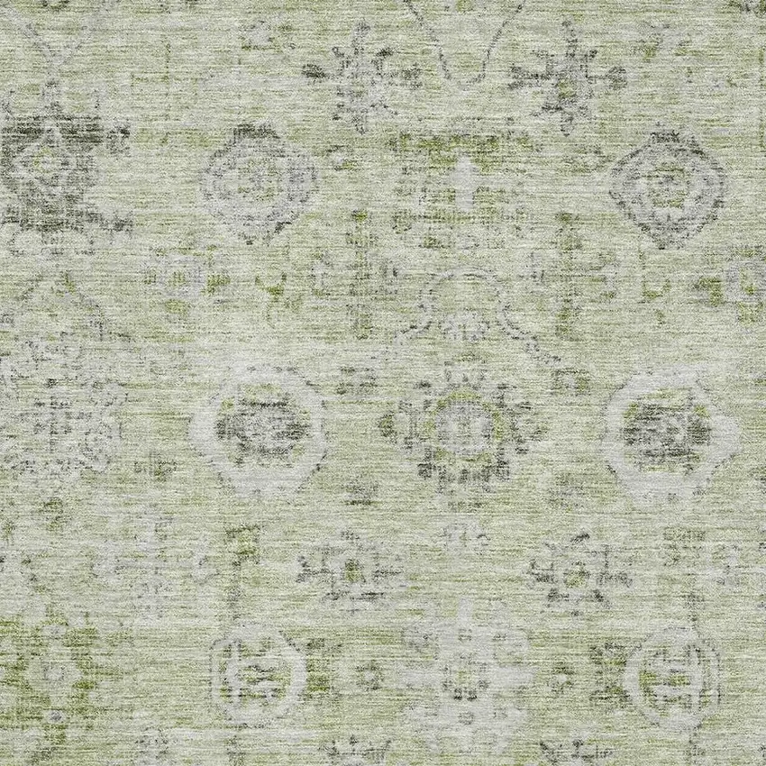 Artichoke Green Gray And Silver Damask Washable Area Rug With UV Protection Photo 2