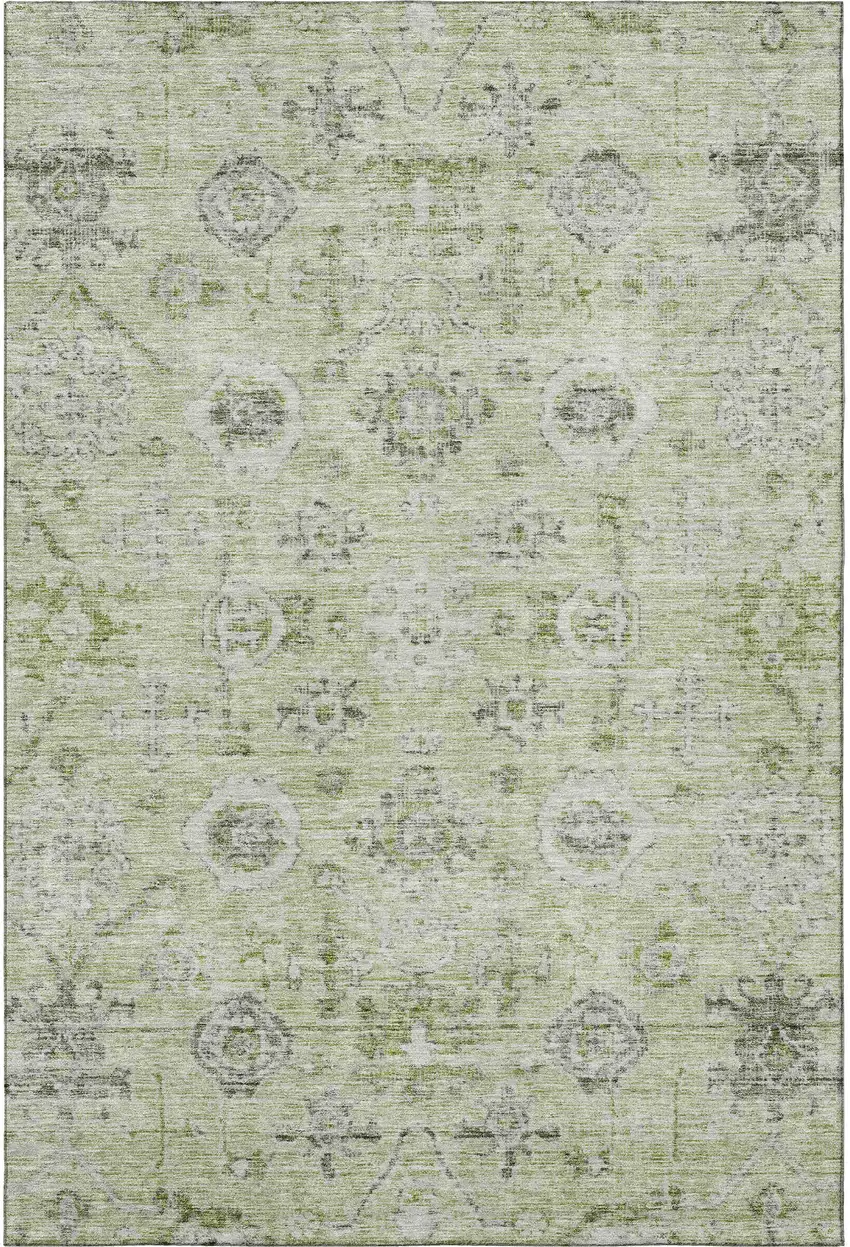 Artichoke Green Gray And Silver Damask Washable Area Rug With UV Protection Photo 3