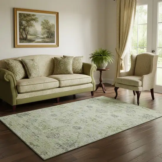 Artichoke Green Gray And Silver Damask Washable Area Rug With UV Protection Photo 2