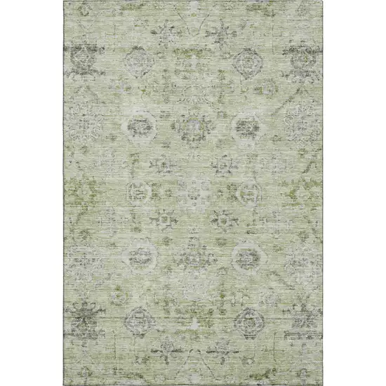 Artichoke Green Gray And Silver Damask Washable Area Rug With UV Protection Photo 1