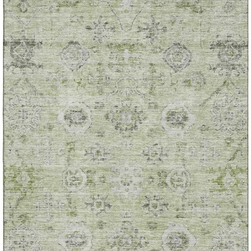 Artichoke Green Gray And Silver Damask Washable Area Rug With UV Protection Photo 3