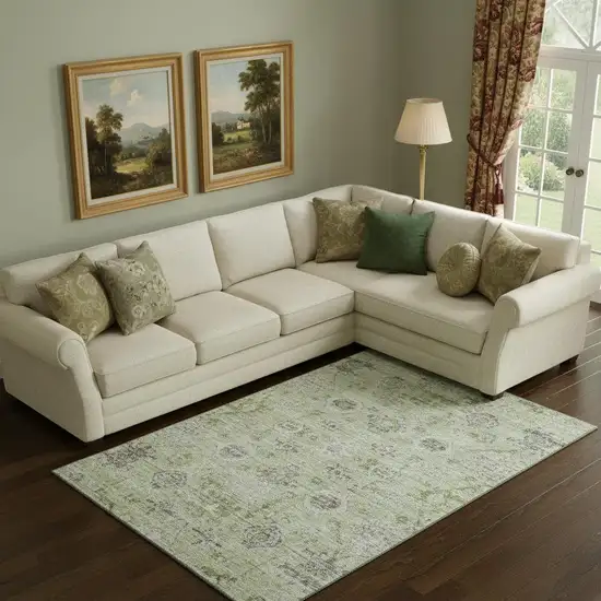 Artichoke Green Gray And Silver Damask Washable Area Rug With UV Protection Photo 2