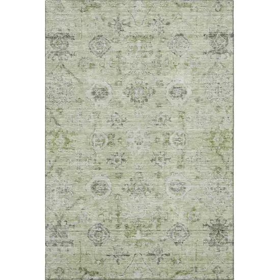 Artichoke Green Gray And Silver Damask Washable Area Rug With UV Protection Photo 3