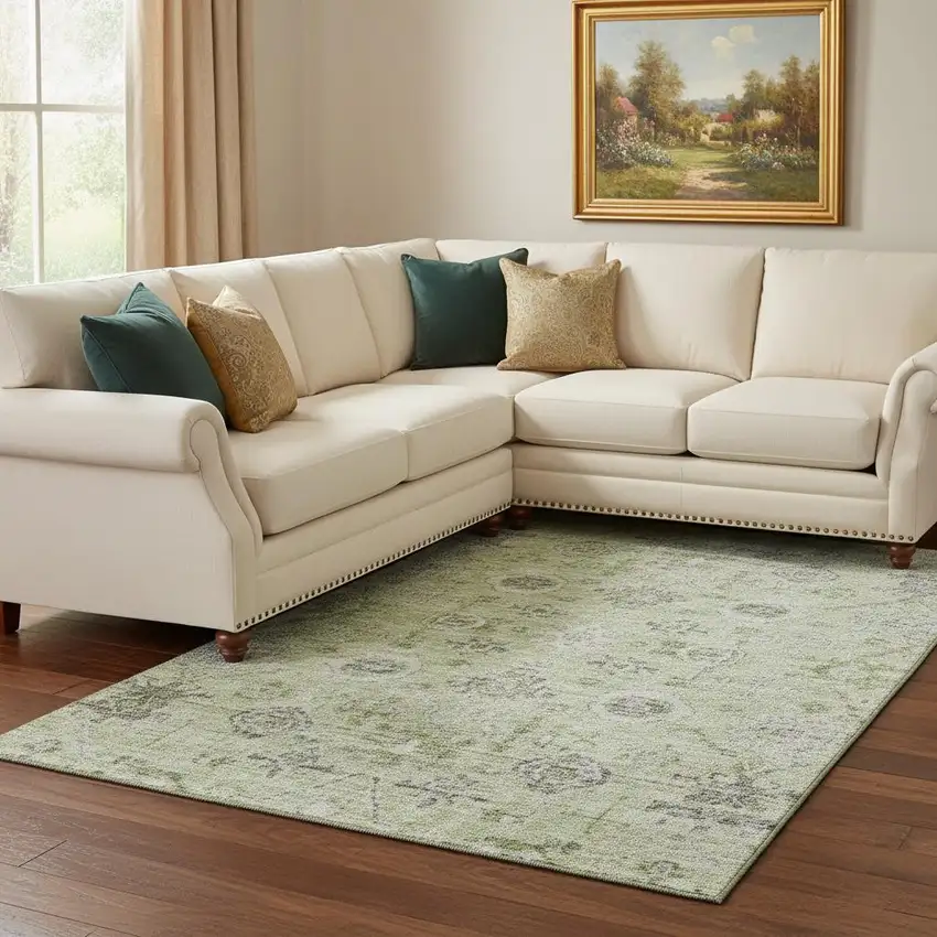 Artichoke Green Gray And Silver Damask Washable Area Rug With UV Protection Photo 2