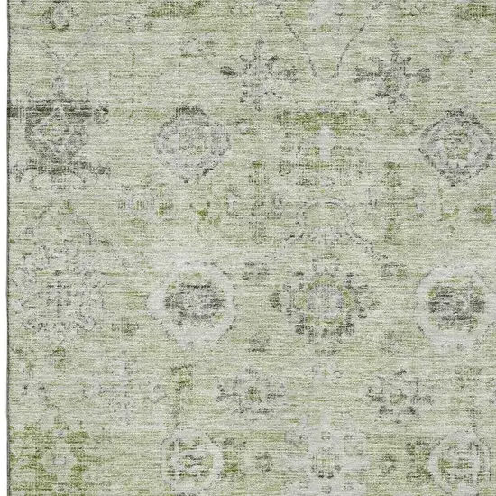 Artichoke Green Gray And Silver Damask Washable Area Rug With UV Protection Photo 2