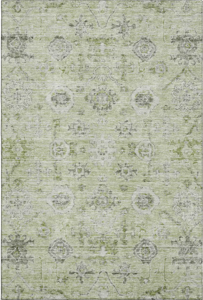 Artichoke Green Gray And Silver Damask Washable Area Rug With UV Protection Photo 1
