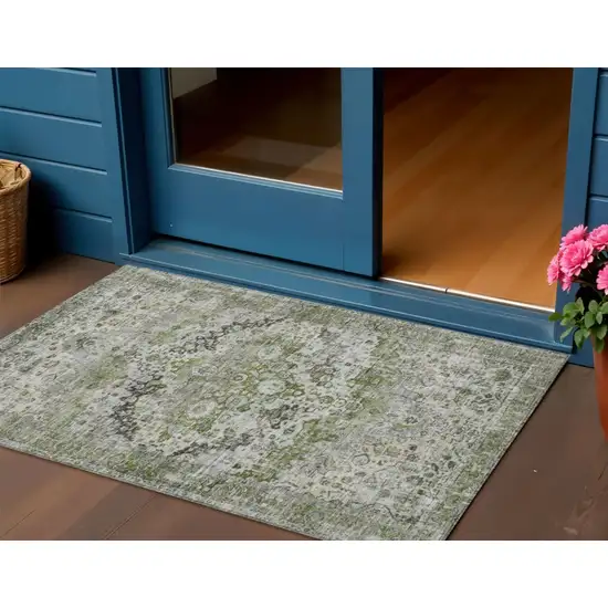 Artichoke Green Gray And Silver Floral Washable Indoor Outdoor Area Rug Photo 2