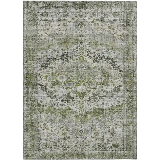 Artichoke Green Gray And Silver Floral Washable Indoor Outdoor Area Rug Photo 1
