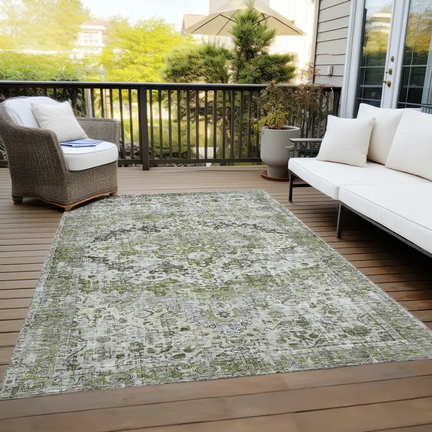 Artichoke Green Gray And Silver Floral Washable Indoor Outdoor Area Rug Photo 8