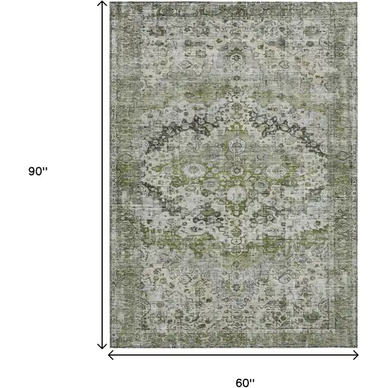 Artichoke Green Gray And Silver Floral Washable Indoor Outdoor Area Rug Photo 9