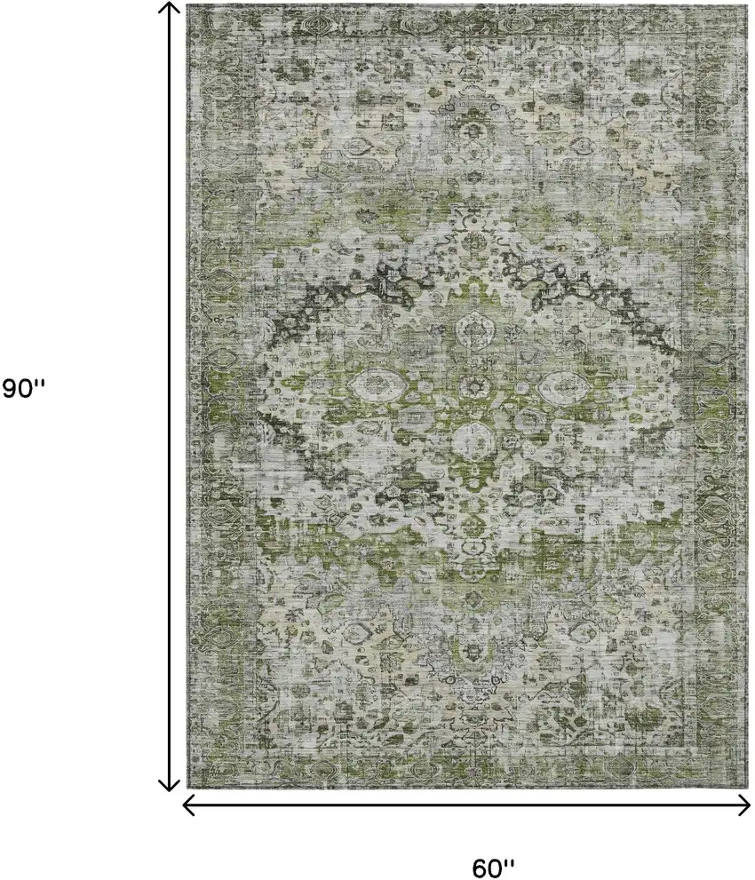 Artichoke Green Gray And Silver Floral Washable Indoor Outdoor Area Rug Photo 9