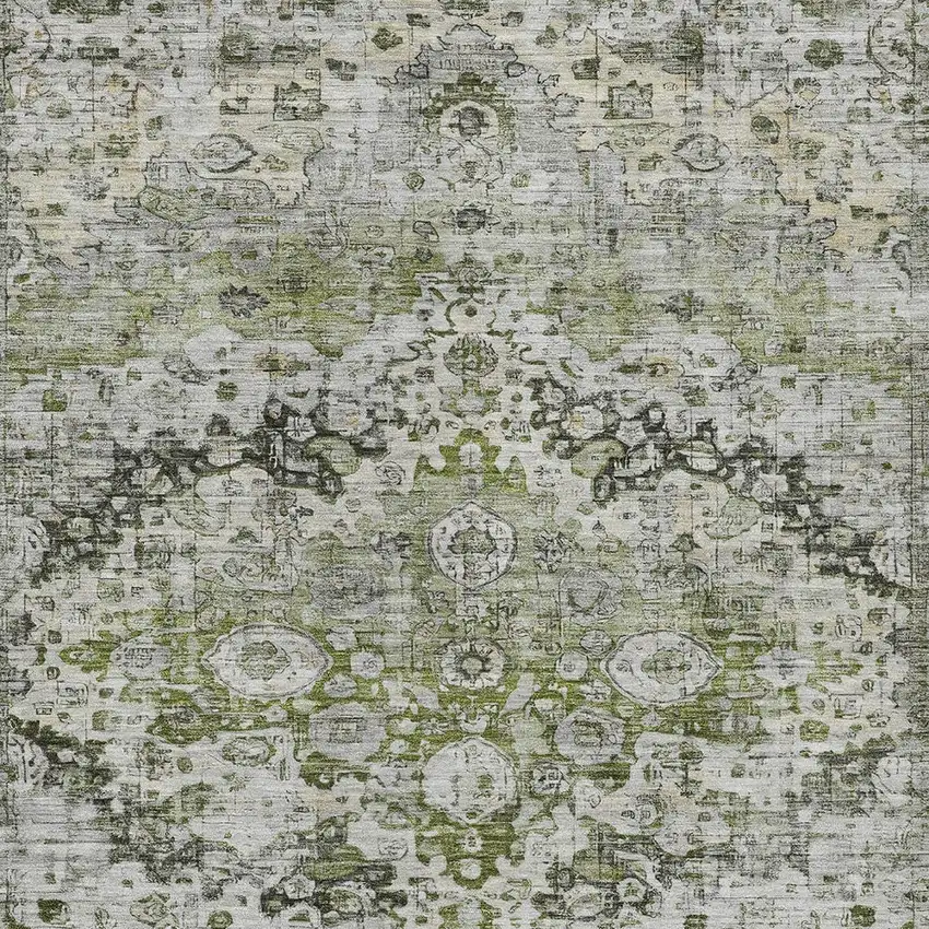 Artichoke Green Gray And Silver Floral Washable Indoor Outdoor Area Rug Photo 6