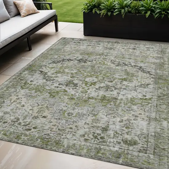 Artichoke Green Gray And Silver Floral Washable Indoor Outdoor Area Rug Photo 2
