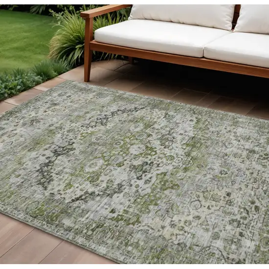 Artichoke Green Gray And Silver Floral Washable Indoor Outdoor Area Rug Photo 2