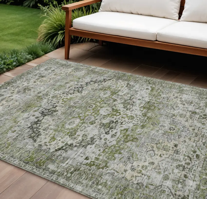 Artichoke Green Gray And Silver Floral Washable Indoor Outdoor Area Rug Photo 2