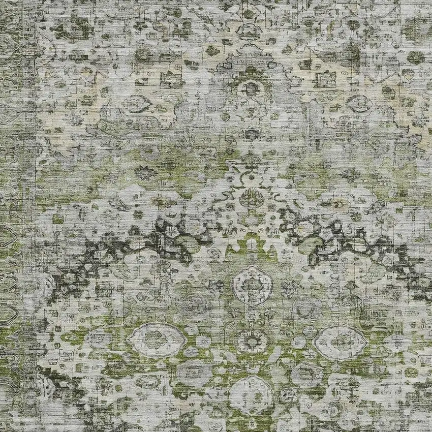 Artichoke Green Gray And Silver Floral Washable Indoor Outdoor Area Rug Photo 4