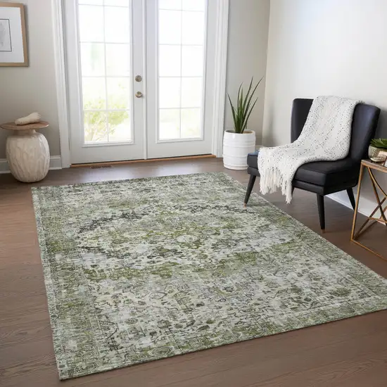 Artichoke Green Gray And Silver Floral Washable Indoor Outdoor Area Rug Photo 6