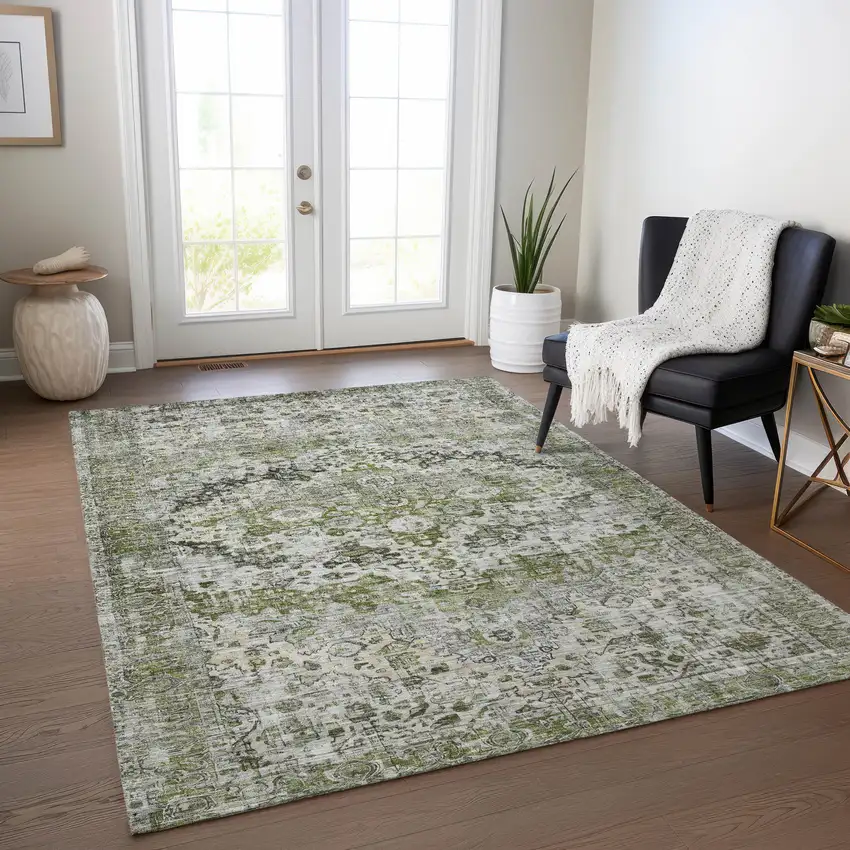 Artichoke Green Gray And Silver Floral Washable Indoor Outdoor Area Rug Photo 6