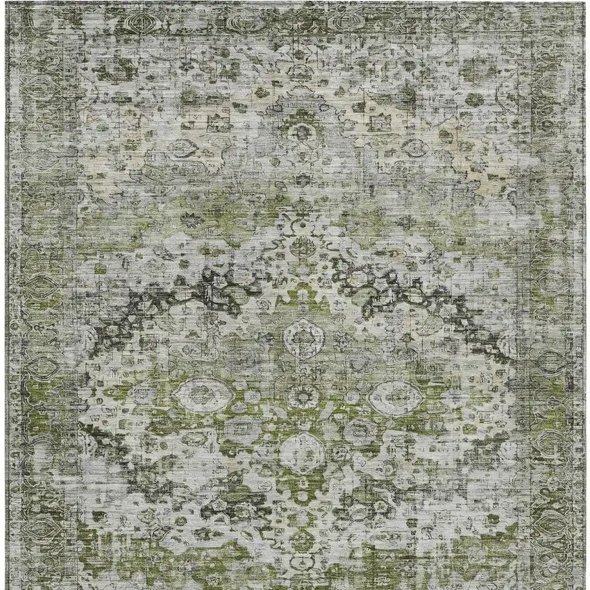 Artichoke Green Gray And Silver Floral Washable Indoor Outdoor Area Rug Photo 4