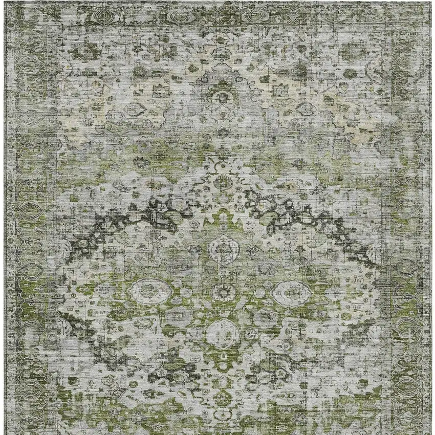 Artichoke Green Gray And Silver Floral Washable Indoor Outdoor Area Rug Photo 7