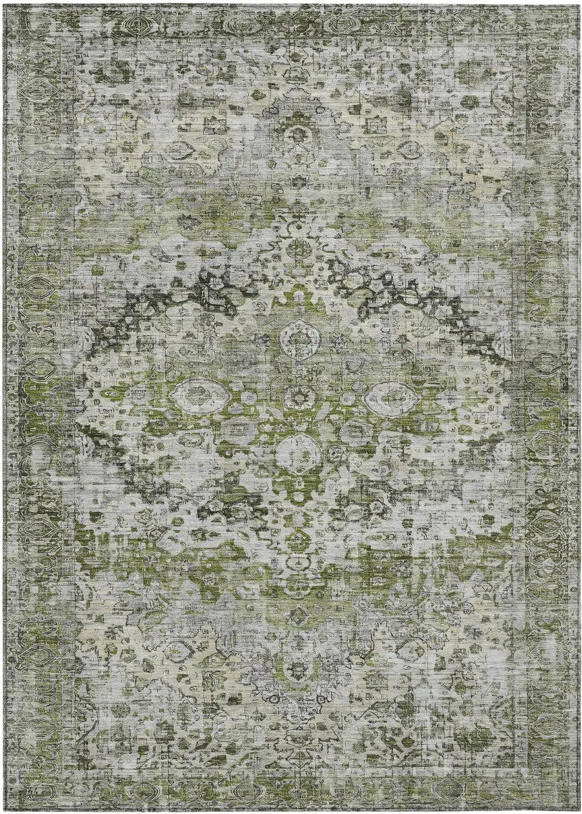 Artichoke Green Gray And Silver Floral Washable Indoor Outdoor Area Rug Photo 1