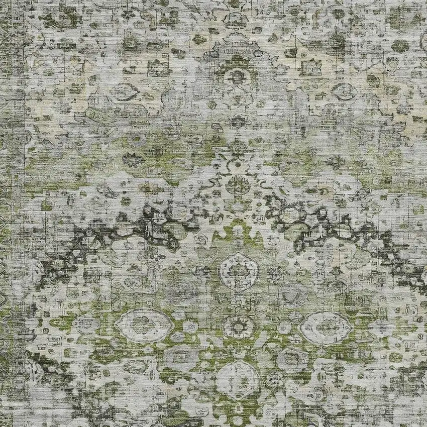 Artichoke Green Gray And Silver Floral Washable Indoor Outdoor Area Rug Photo 3