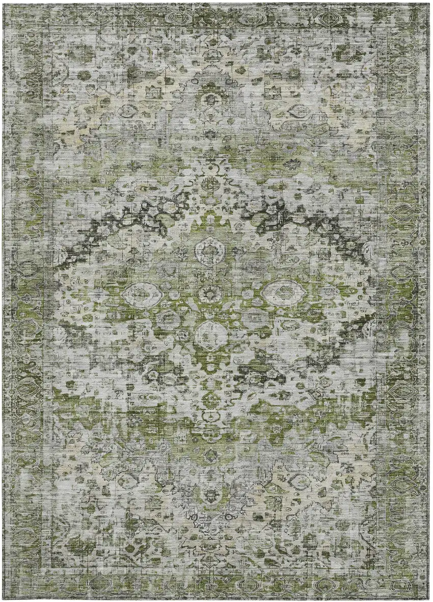Artichoke Green Gray And Silver Floral Washable Indoor Outdoor Area Rug Photo 4