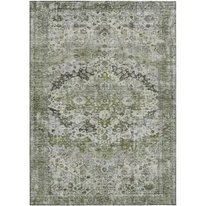 Photo of Artichoke Green Gray And Silver Floral Washable Indoor Outdoor Area Rug